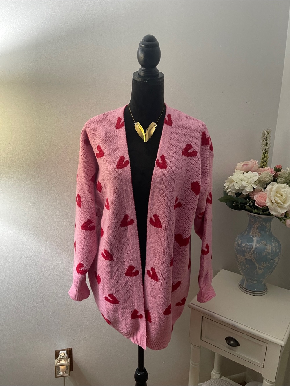 Pink Heart-Print Open Cardigan Sweater